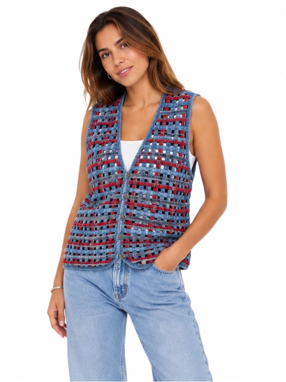 Koret City Blues Vintage Patchwork Woven Denim Vest Americana Size L